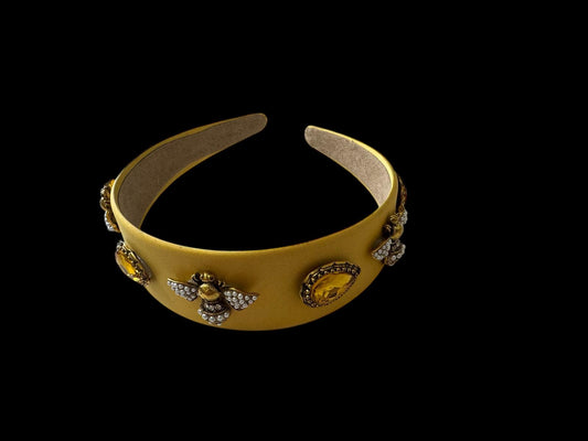 Quilted Almond and Bee Silk Ornamental Headband Yellow