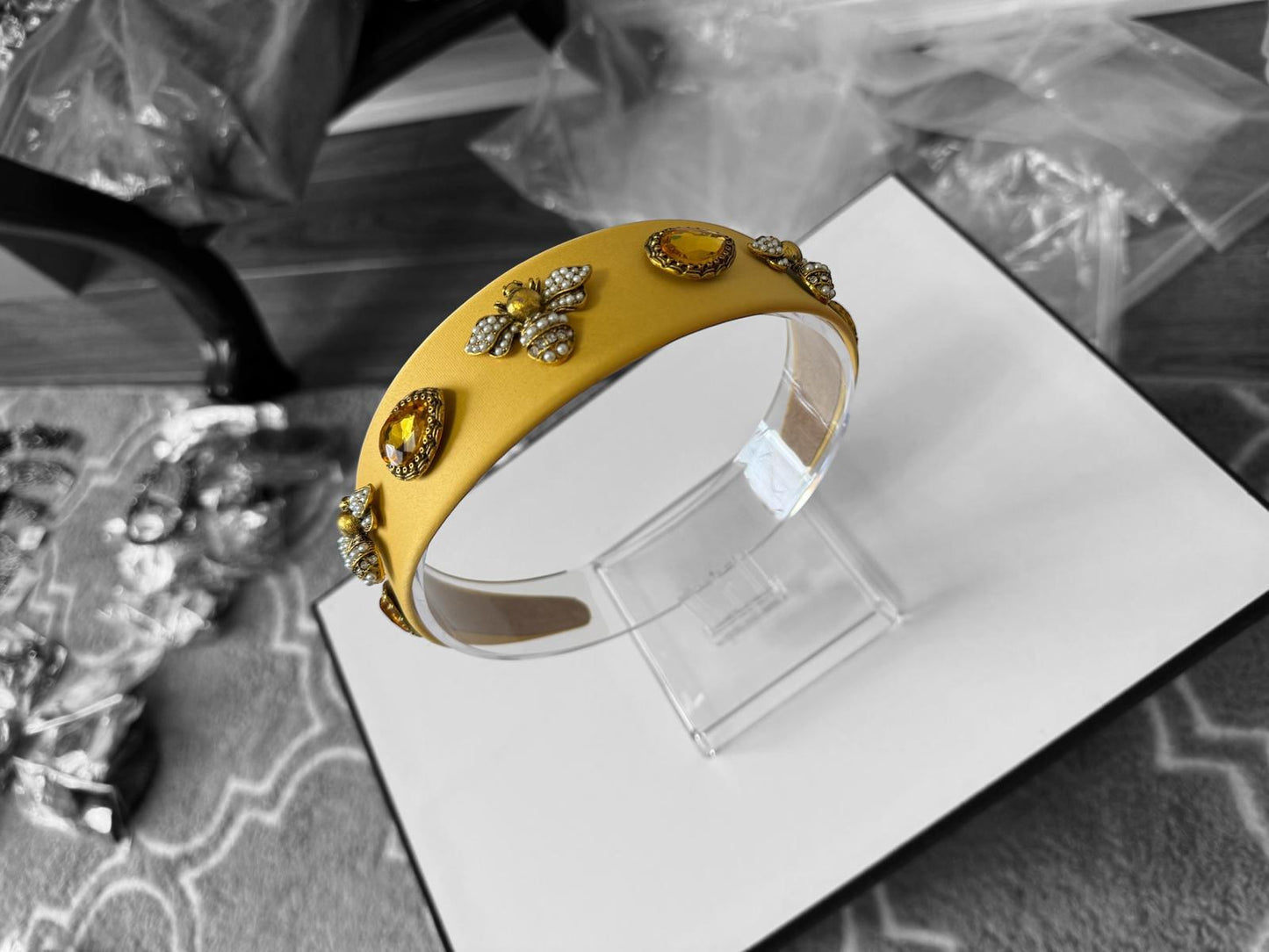 Quilted Almond and Bee Silk Ornamental Headband Yellow