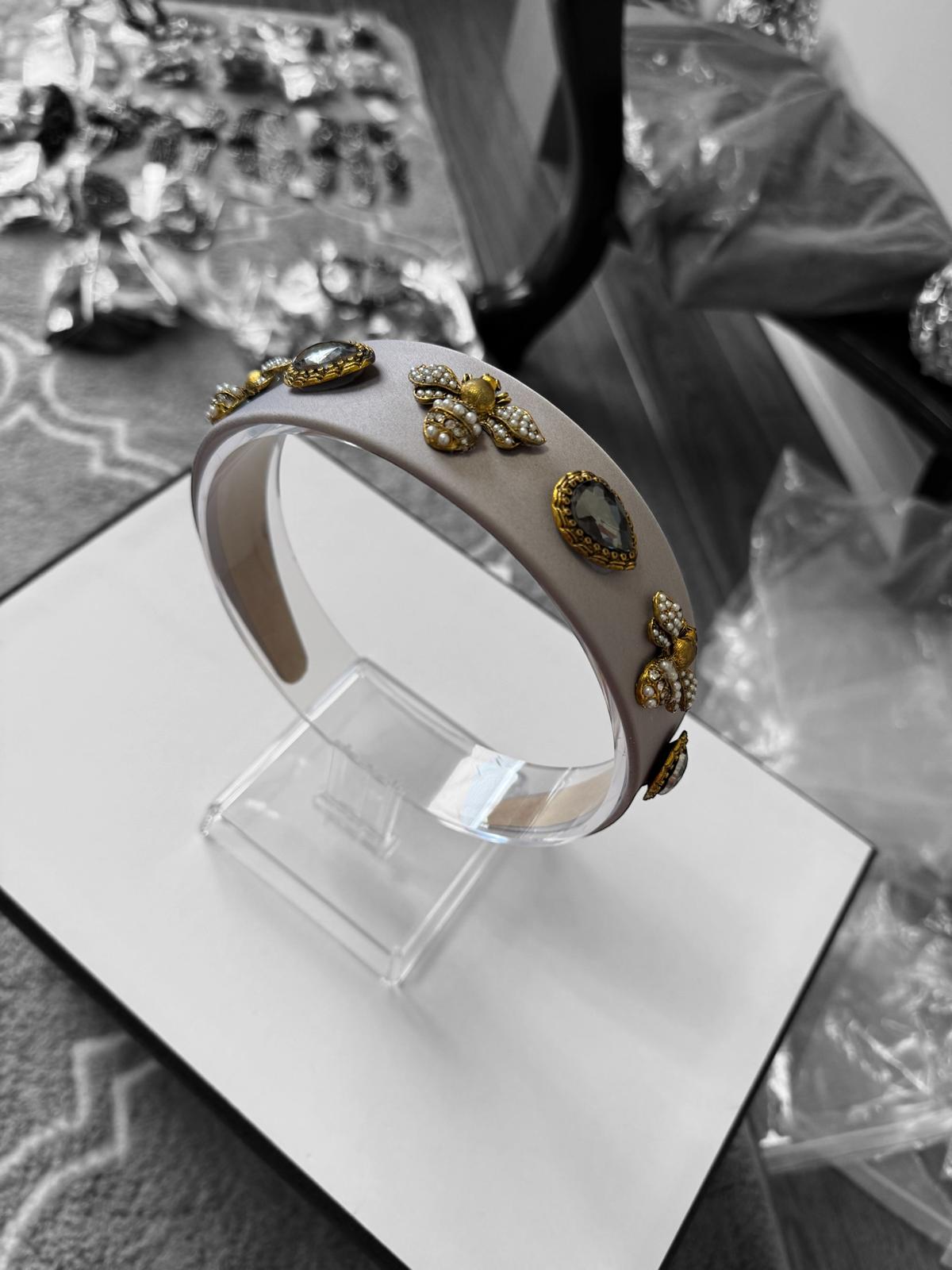 Quilted Almond and Bee Silk Ornamental Headband Gray