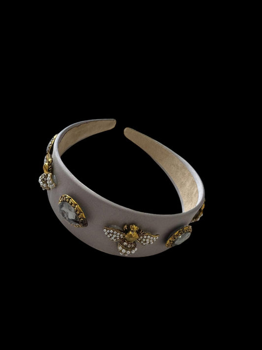 Quilted Almond and Bee Silk Ornamental Headband Gray
