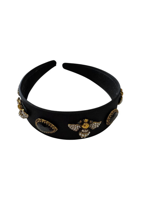 Quilted Almond and Bee Silk Ornamental Headband Black