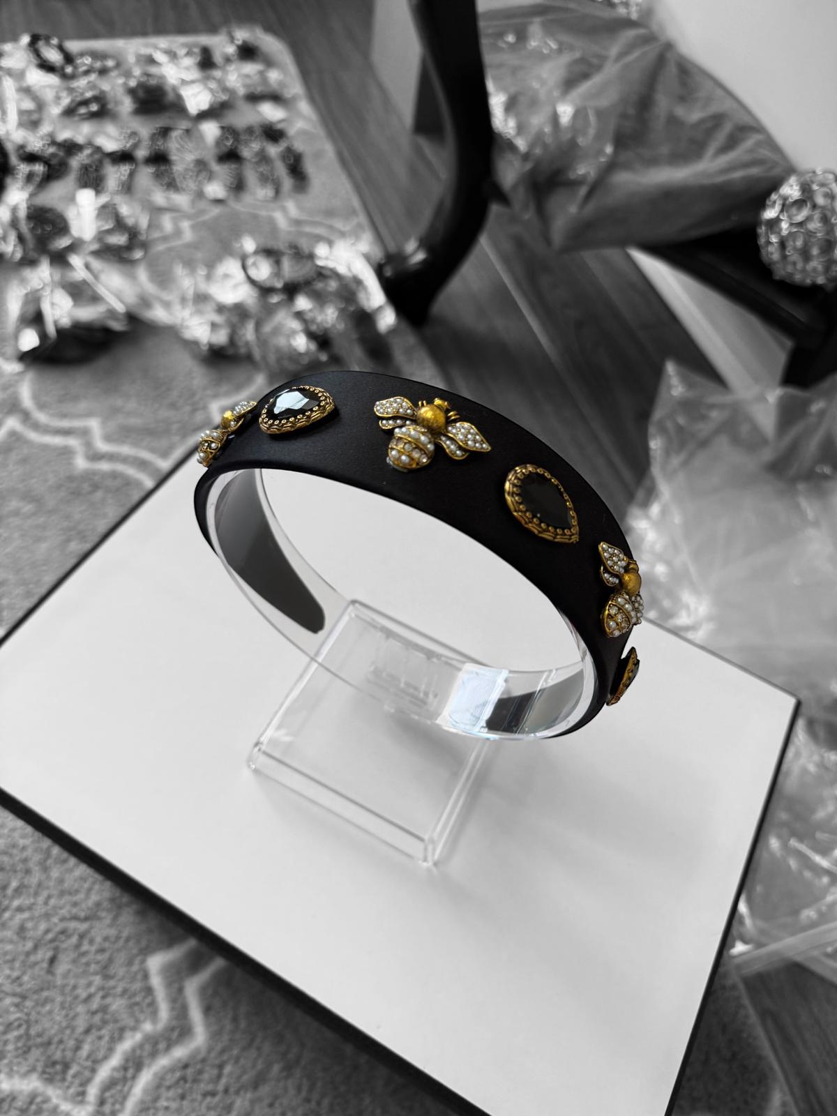 Quilted Almond and Bee Silk Ornamental Headband Black