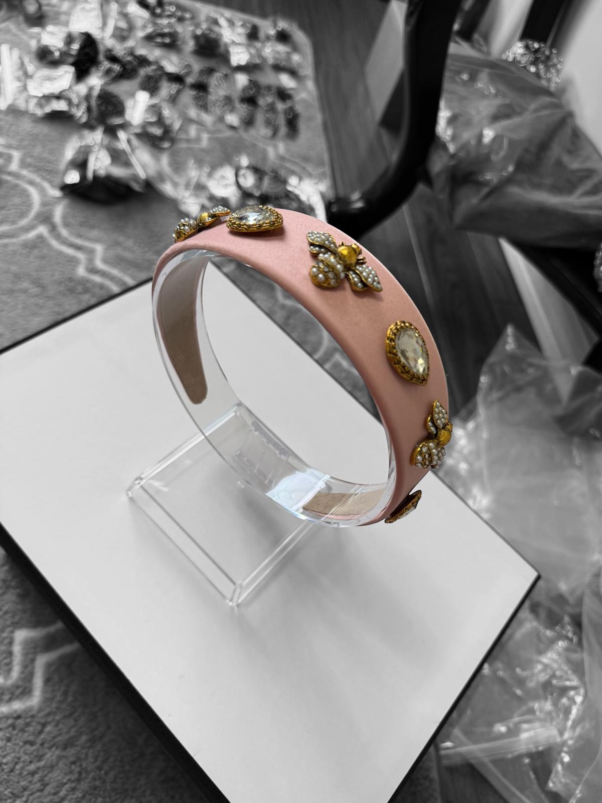 Quilted Almond and Bee Silk Ornamental Headband Pink