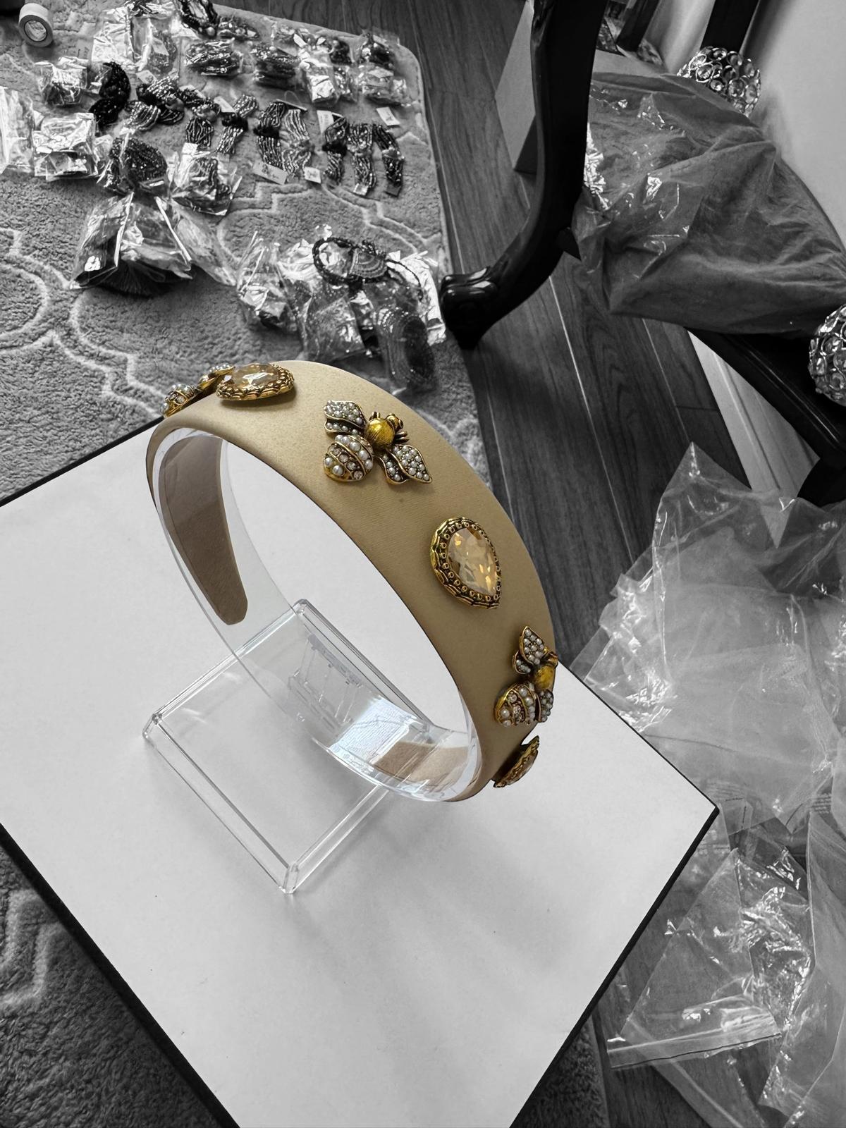 Quilted Almond and Bee Silk Ornamental Headband Gold