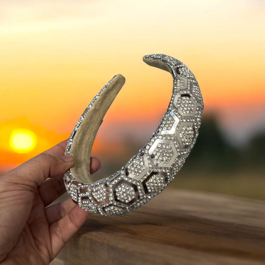 2 " Inch Honey Bee Hive Pattern Rhinestone Padded Crystal Headband Silver