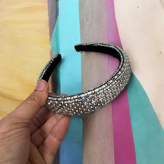 1" Inch Dash & Dot Pattern Rhinestone Padded Crystal Headband White