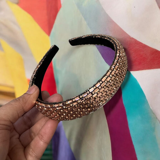 1" Inch Dash & Dot Pattern Rhinestone Padded Crystal Headband Gold