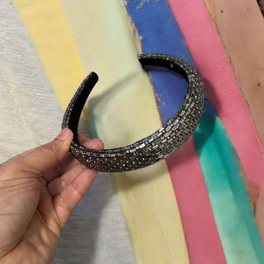 1" Inch Dash & Dot Pattern Rhinestone Padded Crystal Headband Black