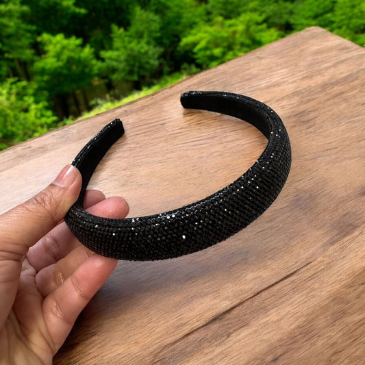 1" Inch Rhinestone Crystal Padded Headband Black
