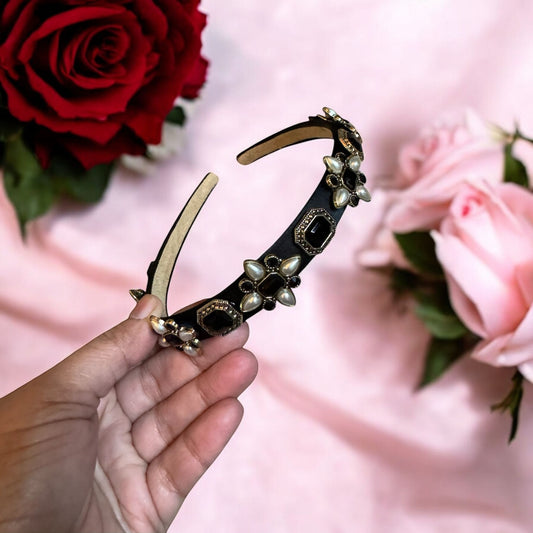 Headband Satin 1/2 Inch Flower and Square Ornamental Stones Black