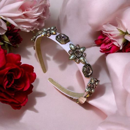 Headband Satin 1/2 Inch Flower and Square Ornamental Stones Rose Gold