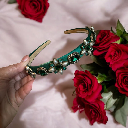 Headband Satin 1/2 Inch Flower and Square Ornamental Stones Green