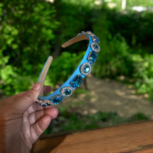 Headband Satin 1/2 Inch Round and Square Ornamental Stones Blue