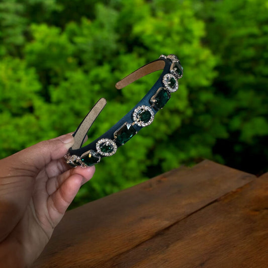 Headband Satin 1/2 Inch Round and Square Ornamental Stones Dark Green
