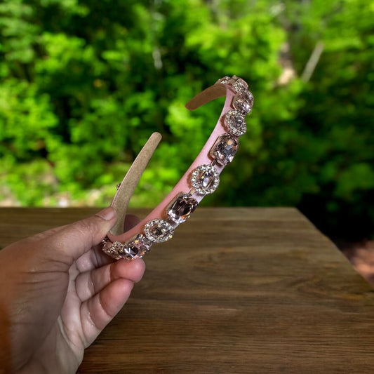 Headband Satin 1/2 Inch Round and Square Ornamental Stones Pink