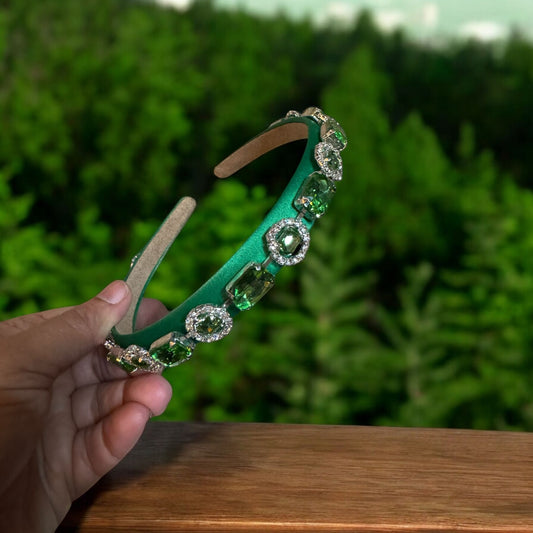 Headband Satin 1/2 Inch Round and Square Ornamental Stones Green