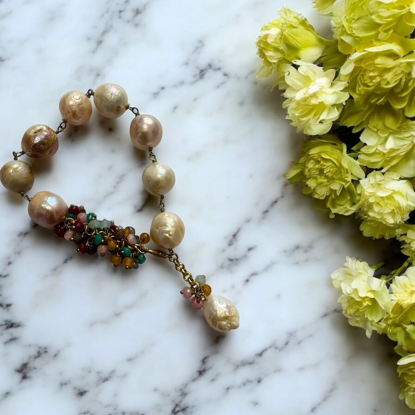 Bracelet with Baroque Pearl and Crystal Hangings