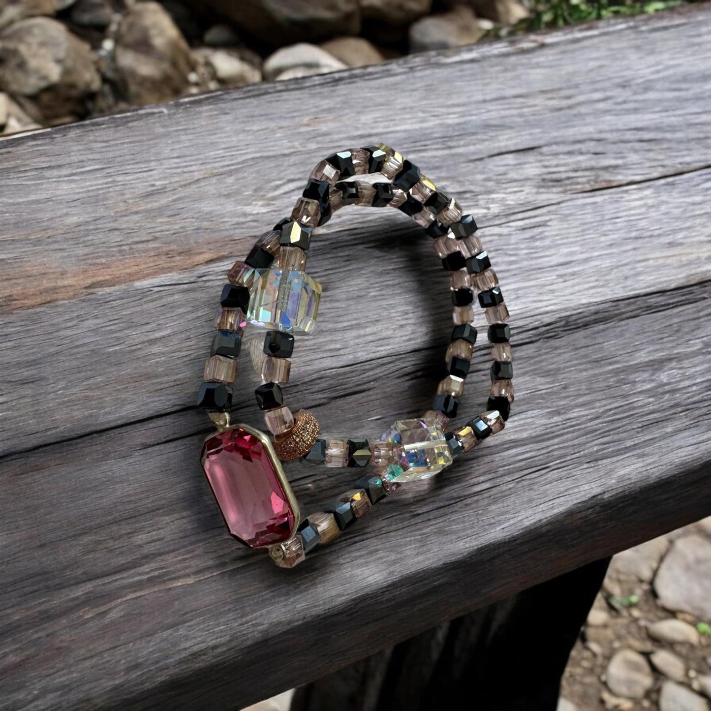 Bracelet Friendship with Swarovski and Square Crystals pair of two Pink