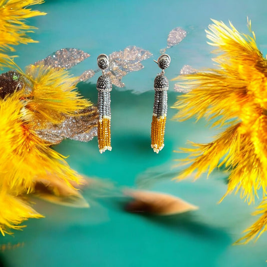 Earing Dual Color Crystal Tassels with Rhinestone Dome Gray / Bronze