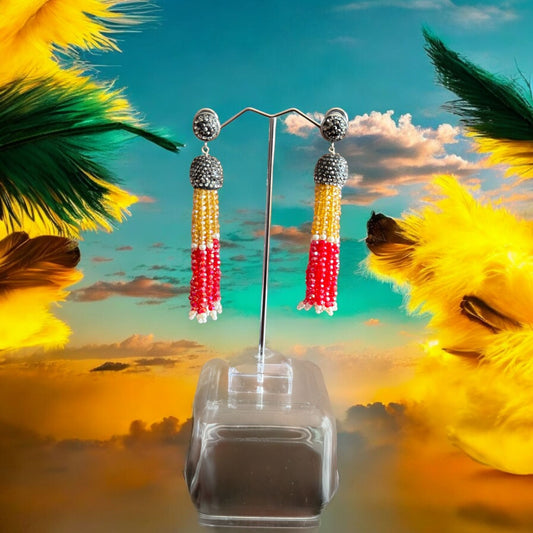 Earing Dual Color Crystal Tassels with Rhinestone Dome Gold / Red