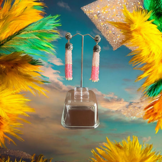 Earing Dual Color Crystal Tassels with Rhinestone Dome Baby Pink / Pink