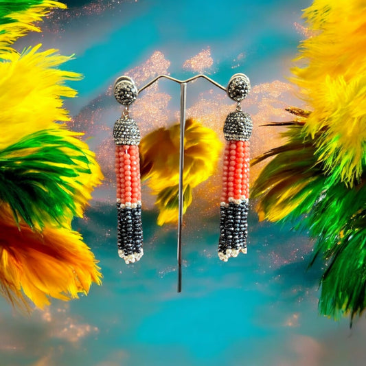 Earing Dual Color Crystal Tassels with Rhinestone Dome Coral / Navy