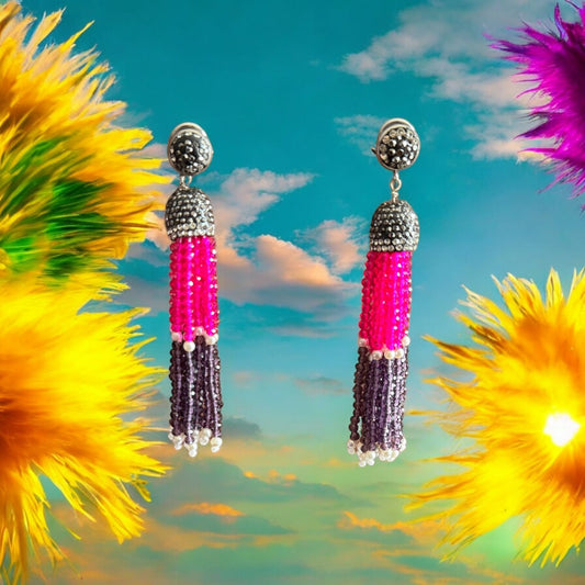 Earing Dual Color Crystal Tassels with Rhinestone Dome Pink / Purple