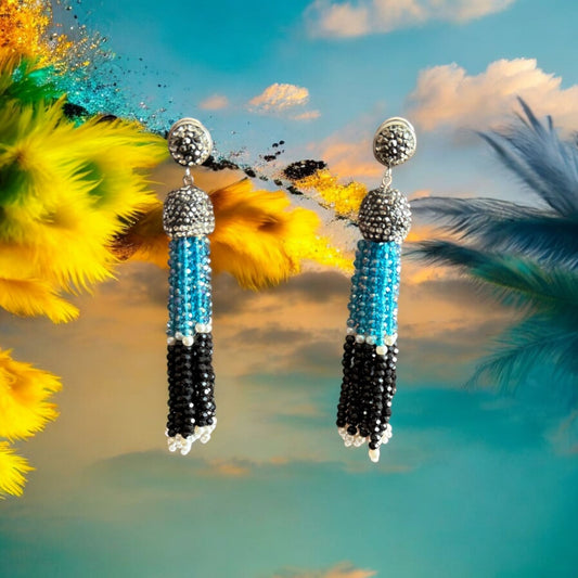 Earing Dual Color Crystal Tassels with Rhinestone Dome Blue / Black