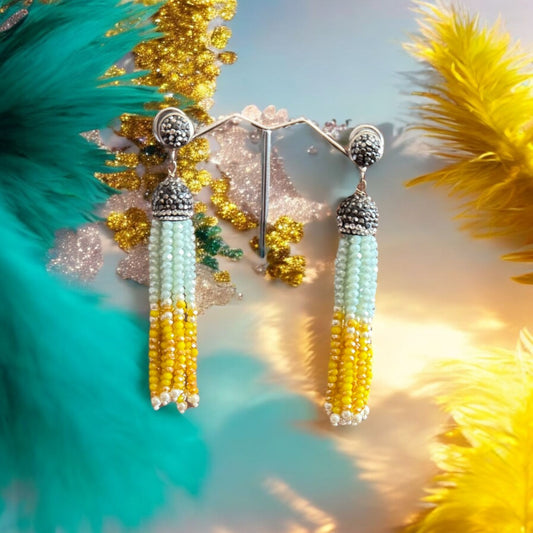 Earing Dual Color Crystal Tassels with Rhinestone Dome Mint Green / Yellow