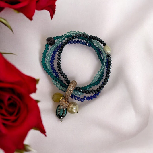 PearlZirk 5 Line Crystal & Freshwater Pearl Elastic Bracelet with Turkish Drops in Blue & Green