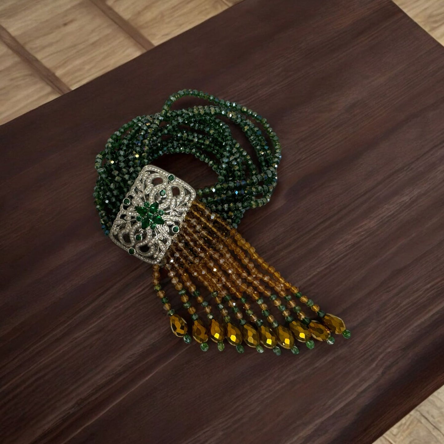 SparkleFlex Crystal Bracelet with Square Zircon Charm in Green & Gold