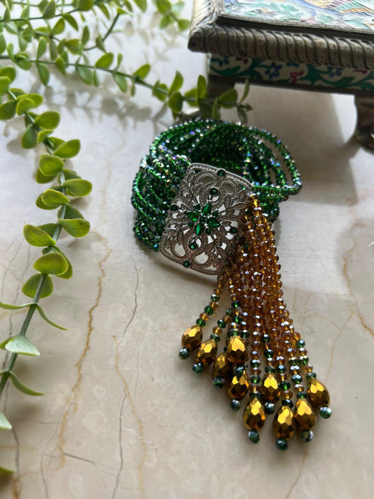 SparkleFlex Crystal Bracelet with Square Zircon Charm in Green & Gold