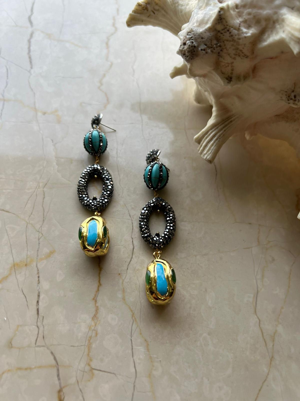 Long Earing having Turkish Rhinestone Charms in Turquoise Color
