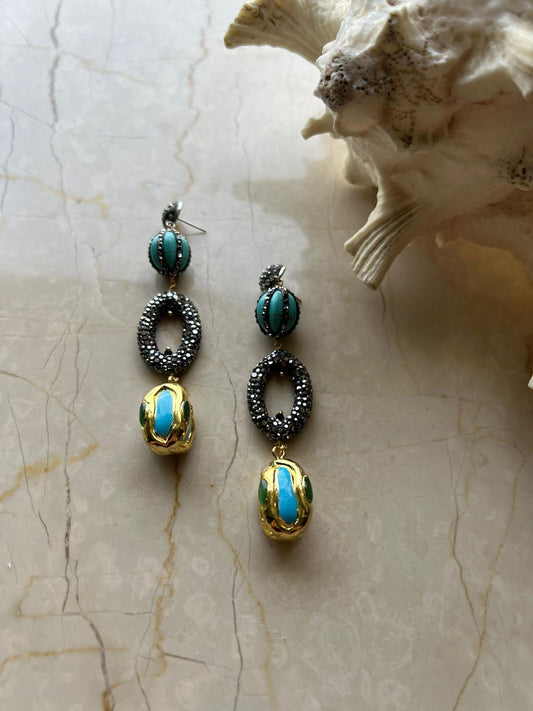 Long Earing having Turkish Rhinestone Charms in Turquoise Color
