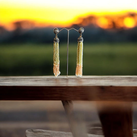 Earring Dual Color Crystal Tassels Long with Rhinestone Dome Green / Brown