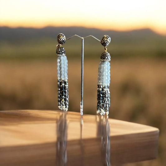 Earring Dual Color Crystal Tassels Long with Rhinestone Dome Grey / Silver