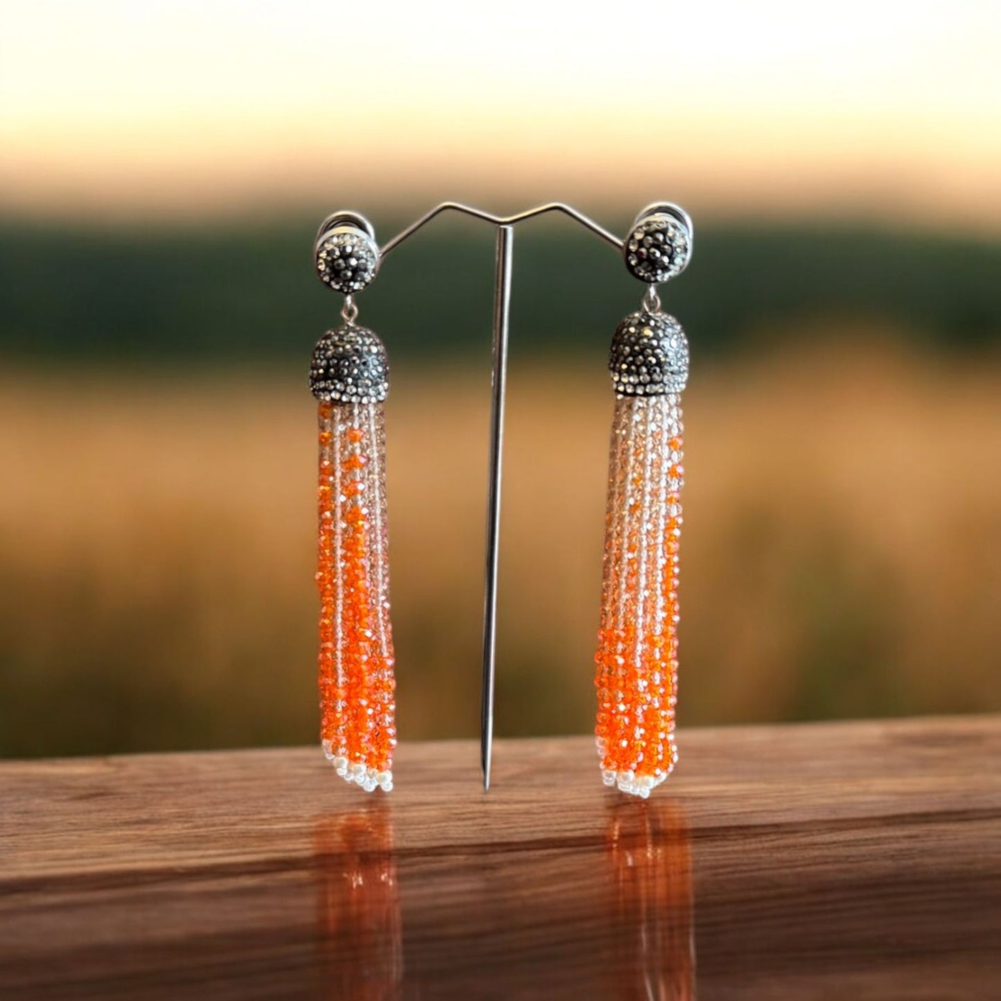 Earring Dual Color Crystal Tassels Long with Rhinestone Dome Brown / Orange