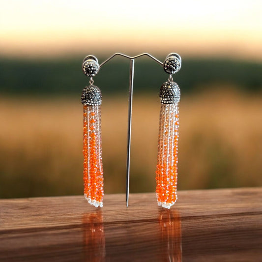 Earring Dual Color Crystal Tassels Long with Rhinestone Dome Brown / Orange
