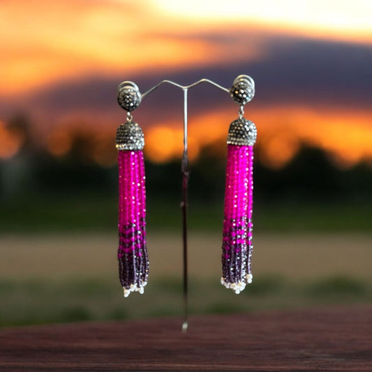 Earring Dual Color Crystal Tassels Long with Rhinestone Dome Hot Pink / Purple