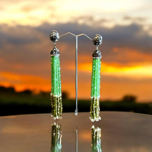 Earring Dual Color Crystal Tassels Long with Rhinestone Dome Green / Metallic Green