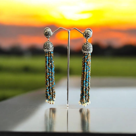 Earring Dual Color Crystal Tassels Long with Rhinestone Dome Turquoise / Bronze