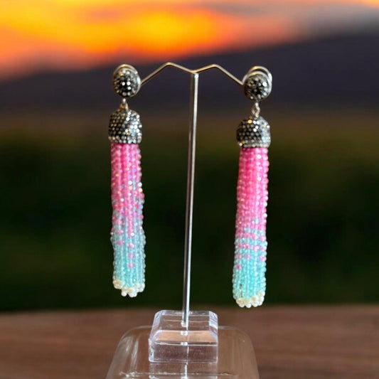 Earring Dual Color Crystal Tassels Long with Rhinestone Dome Pink / Sea Green
