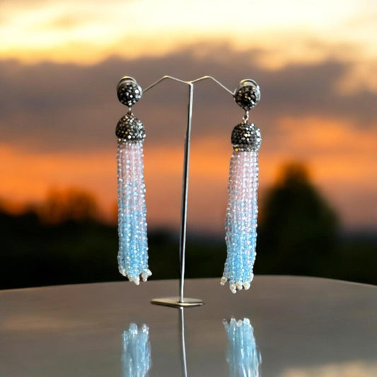 Earring Dual Color Crystal Tassels Long with Rhinestone Dome Baby Pink / Powder Blue