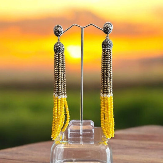 Earring Dual Color Crystal Tassels Long with Rhinestone Dome Gold / Yellow
