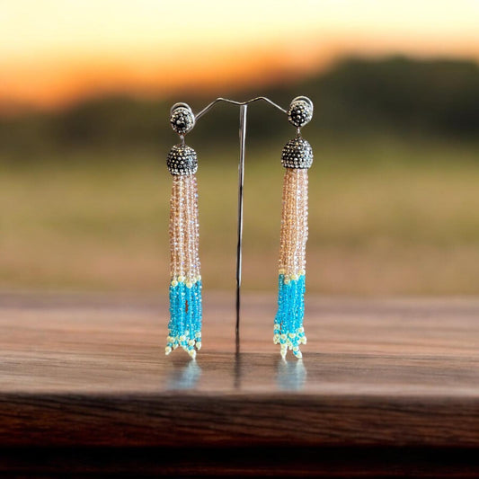 Earring Dual Color Crystal Tassels Long with Rhinestone Dome Brown / Blue