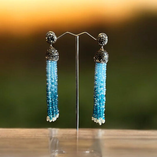 Earring Dual Color Crystal Tassels Long with Rhinestone Dome Powder Blue / Blue
