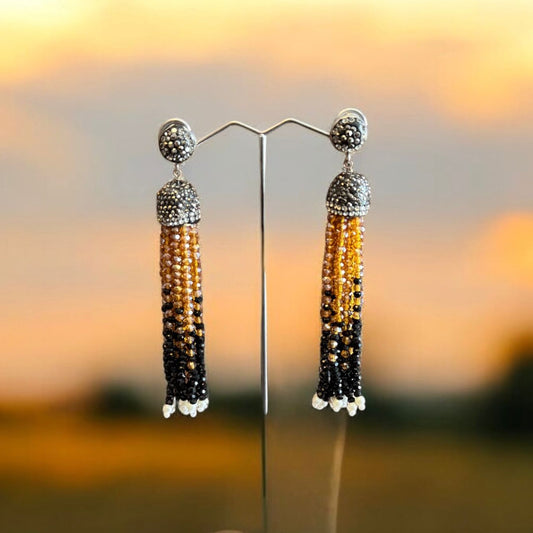 Earring Dual Color Crystal Tassels Long with Rhinestone Dome Topaz / Black