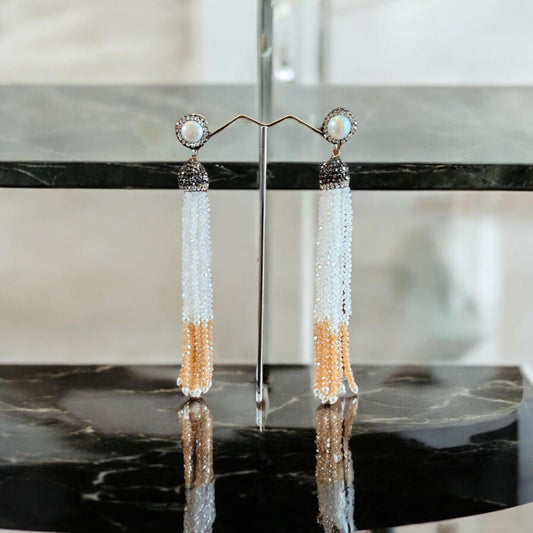 Earring Dual Color Crystal Tassels Long with Rhinestone Dome White / Brown
