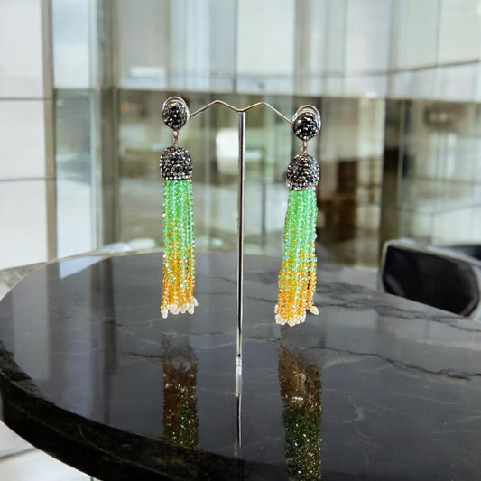 Earring Dual Color Crystal Tassels Long with Rhinestone Dome Green / Yellow