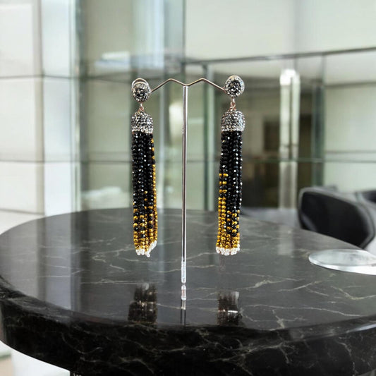 Earring Dual Color Crystal Tassels Long with Rhinestone Dome Black / Gold